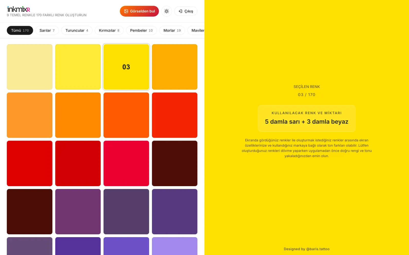 Laptopta inkmixR üye alanı: solda 170 renklik palet, sağda seçilen 3 numaralı rengin reçetesi